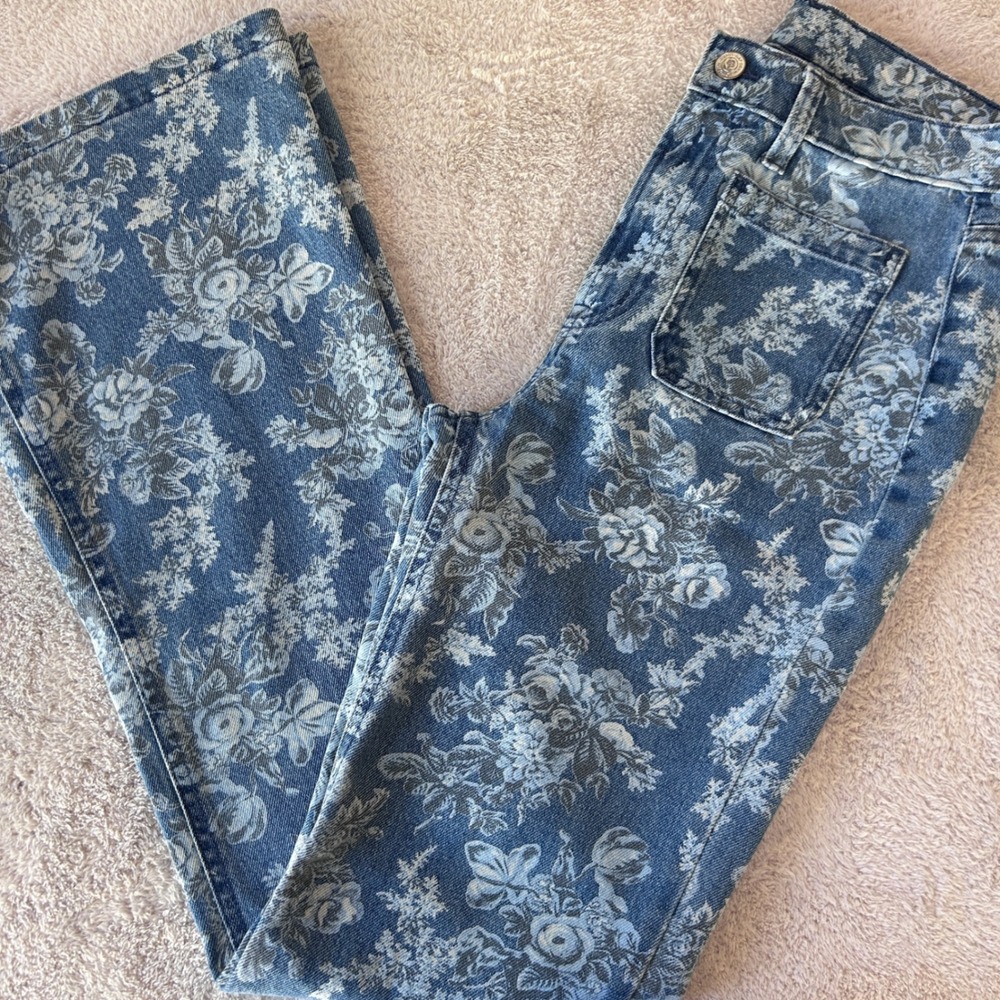 Gap x LoveShackFancy 70s Flare High Rise Floral Blue Denim Jeans 26 2R